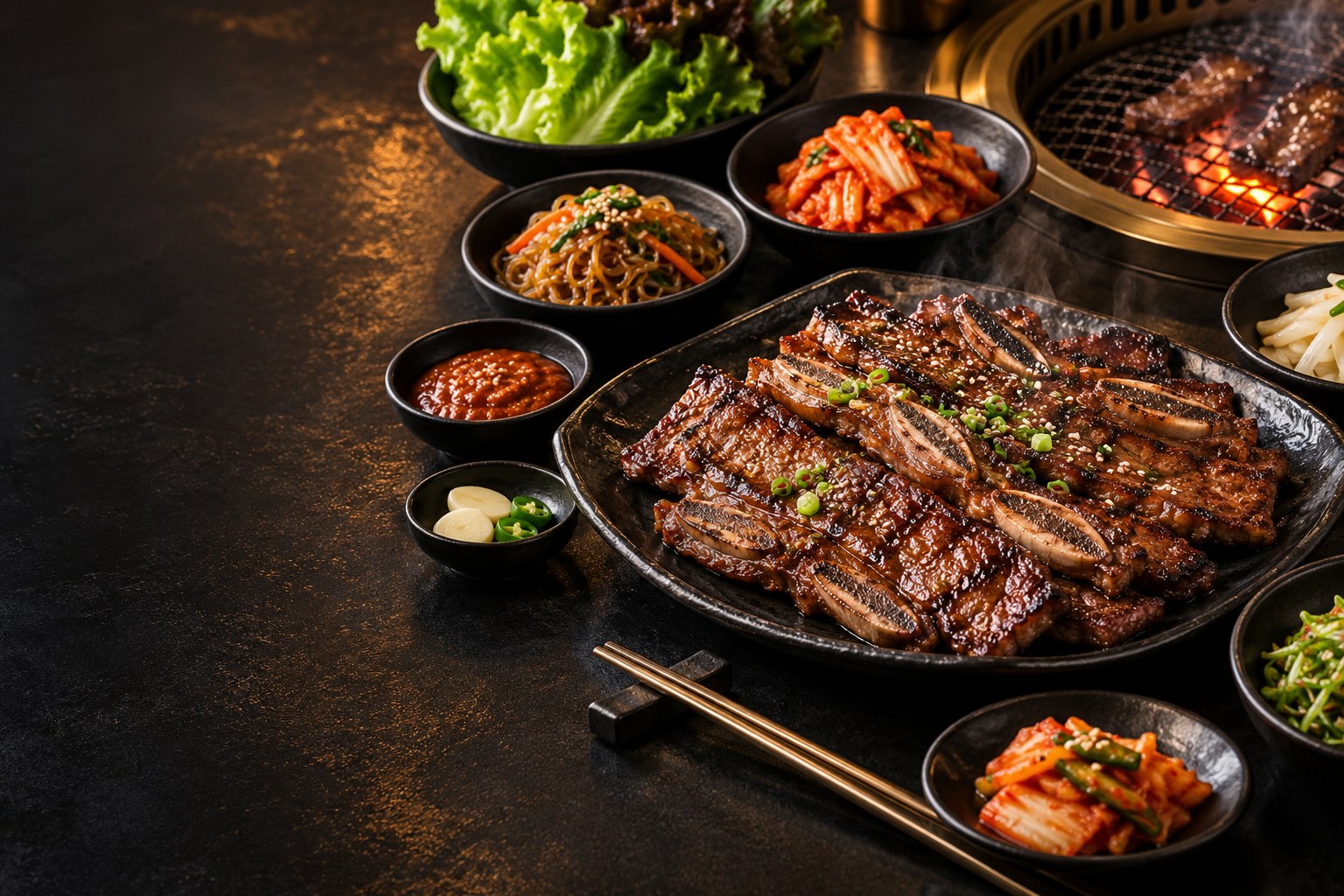 Illustrative Korean BBQ spread with grilled beef, kimchi, lettuce and banchan