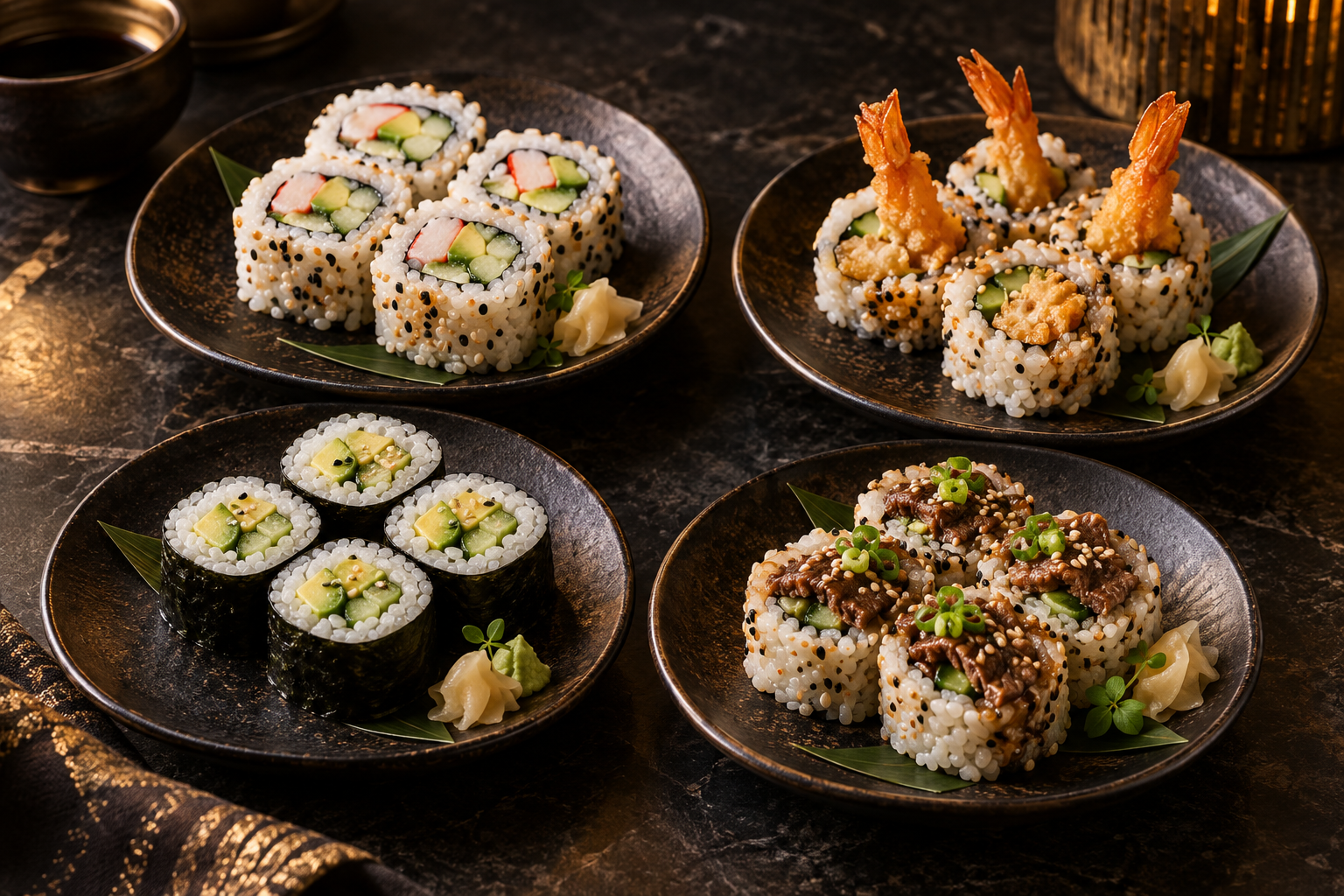 Illustrative California, shrimp tempura, avocado cucumber and bulgogi rolls arranged on black ceramic plates